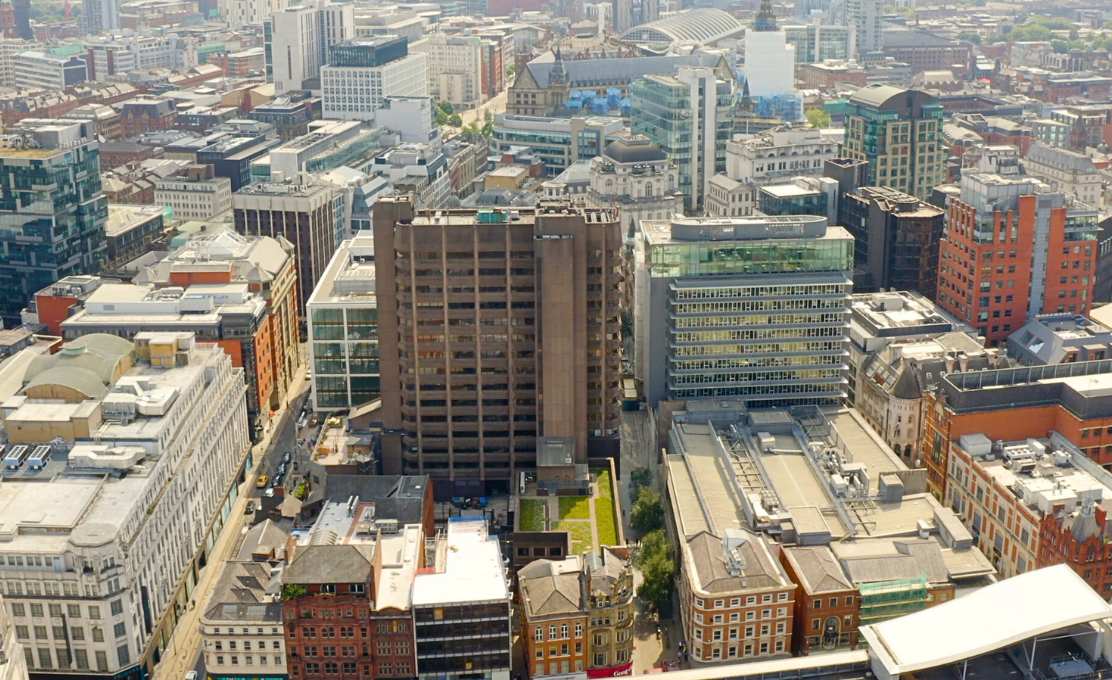 drone shot of bloc manchester roof